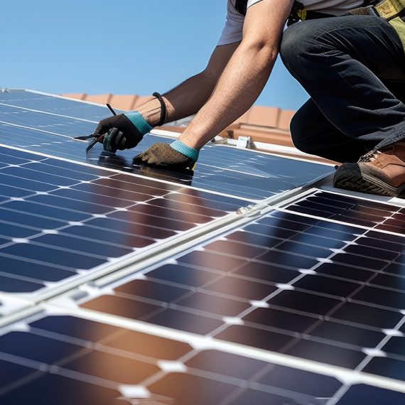 A worker installs solar panels on the roof of a house